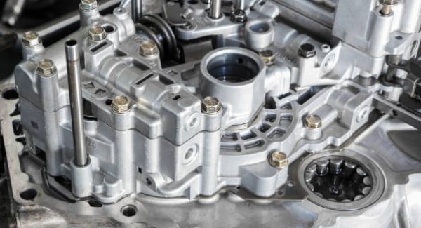 Aluminium case and parts form car gear tramsmission ; close up